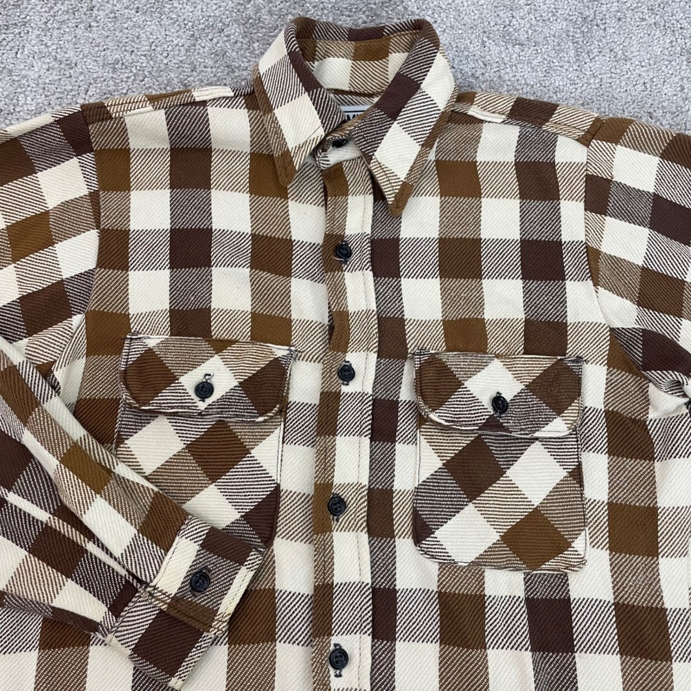 Big Mike Flannel Shirt Mens Small Brown Cream Plaid Button Down Vintage USA Made